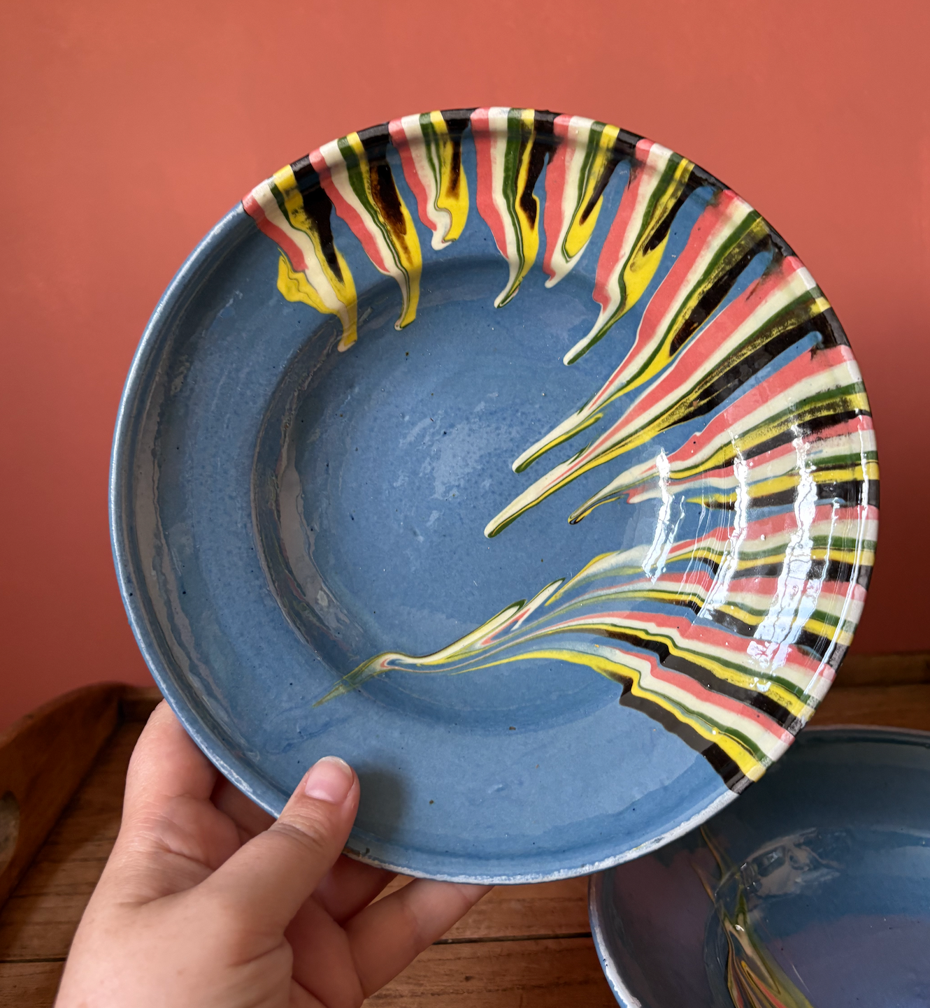 Pair of Shallow Romanian Slipware Blue Bowls