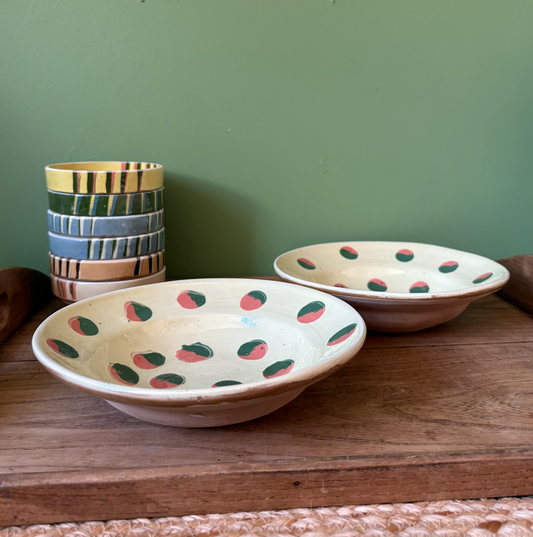 Set of 2 Romanian Slipware Pasta Bowls - Butter Yellow & Dots