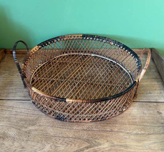 Finely Handwoven Thin Pencil Rattan Reed Ear Handle Round Basket Tray