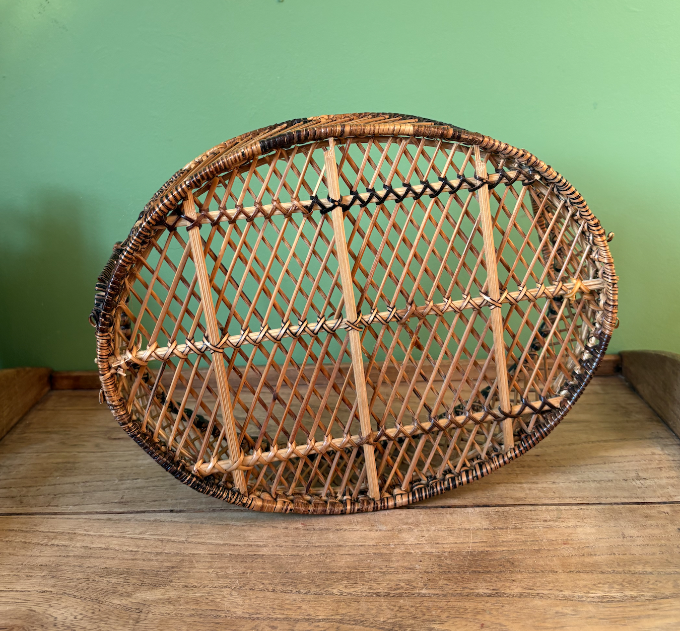 Finely Handwoven Thin Pencil Rattan Reed Ear Handle Round Basket Tray