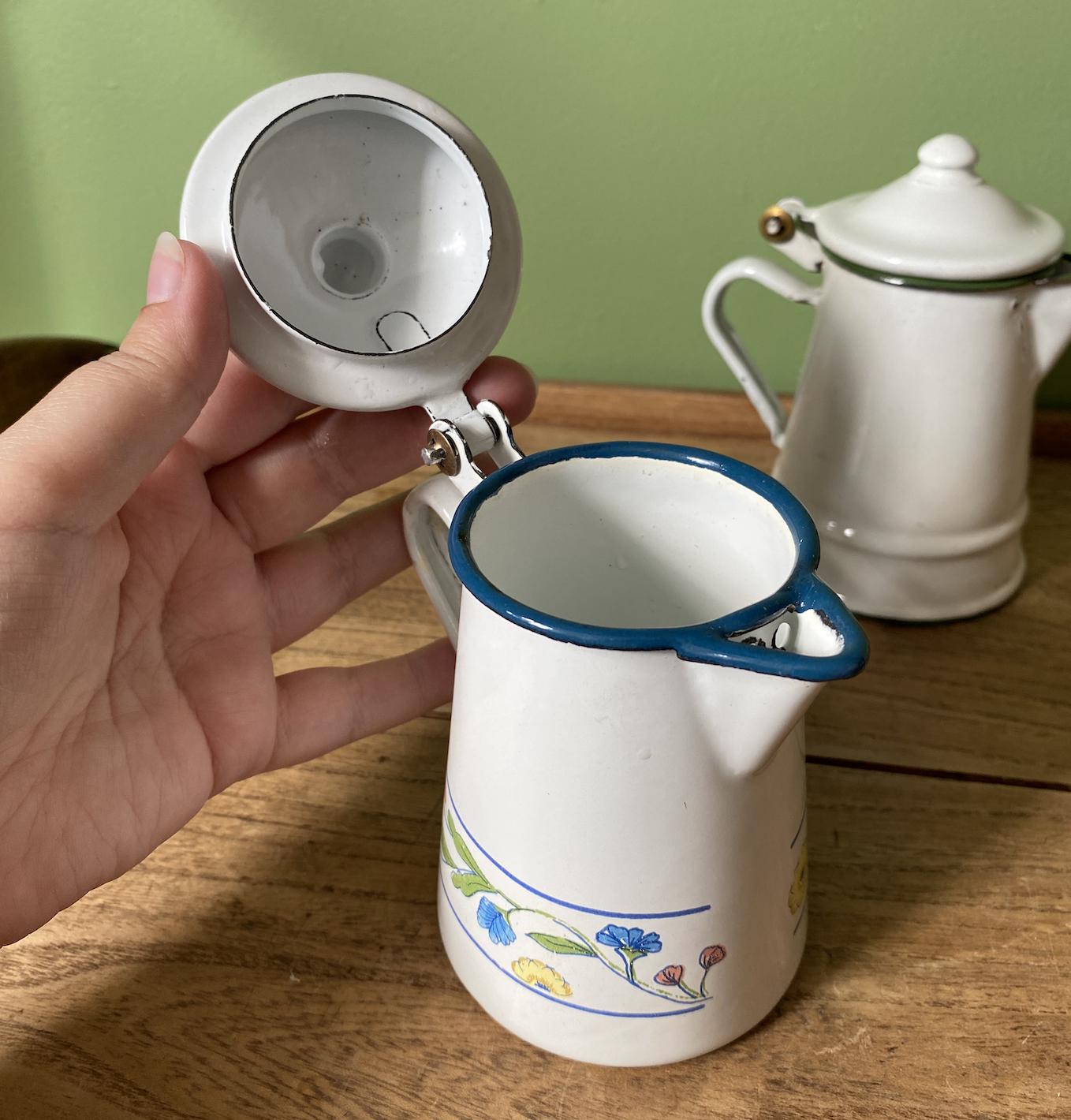 Mini White & Blue Enamel Coffee Pot