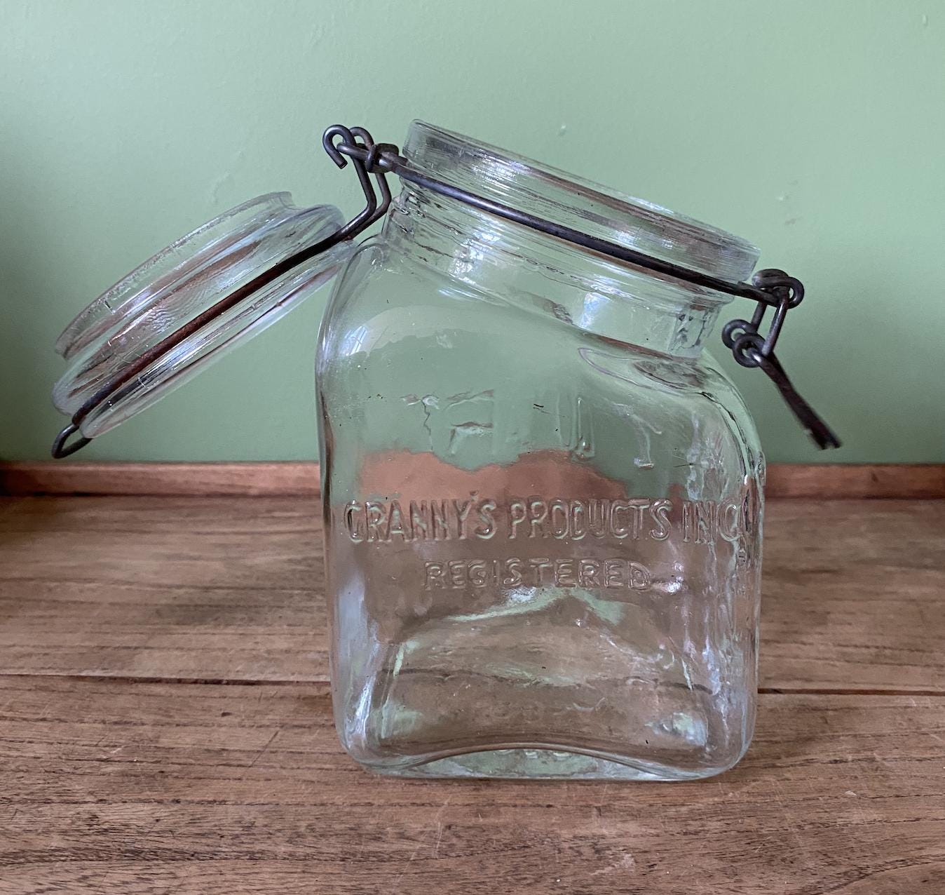 1879 Granny’s Product Vintage Latched Wired Glass Storage Jar Container Canister - 1 Quart
