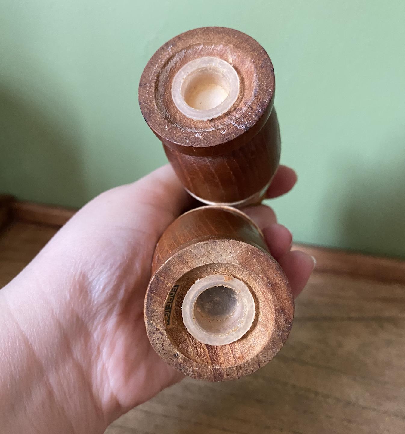 MCM Vintage Mid Century Modern Tiki Wood Base Ceramic Top Salt Pepper Shakers