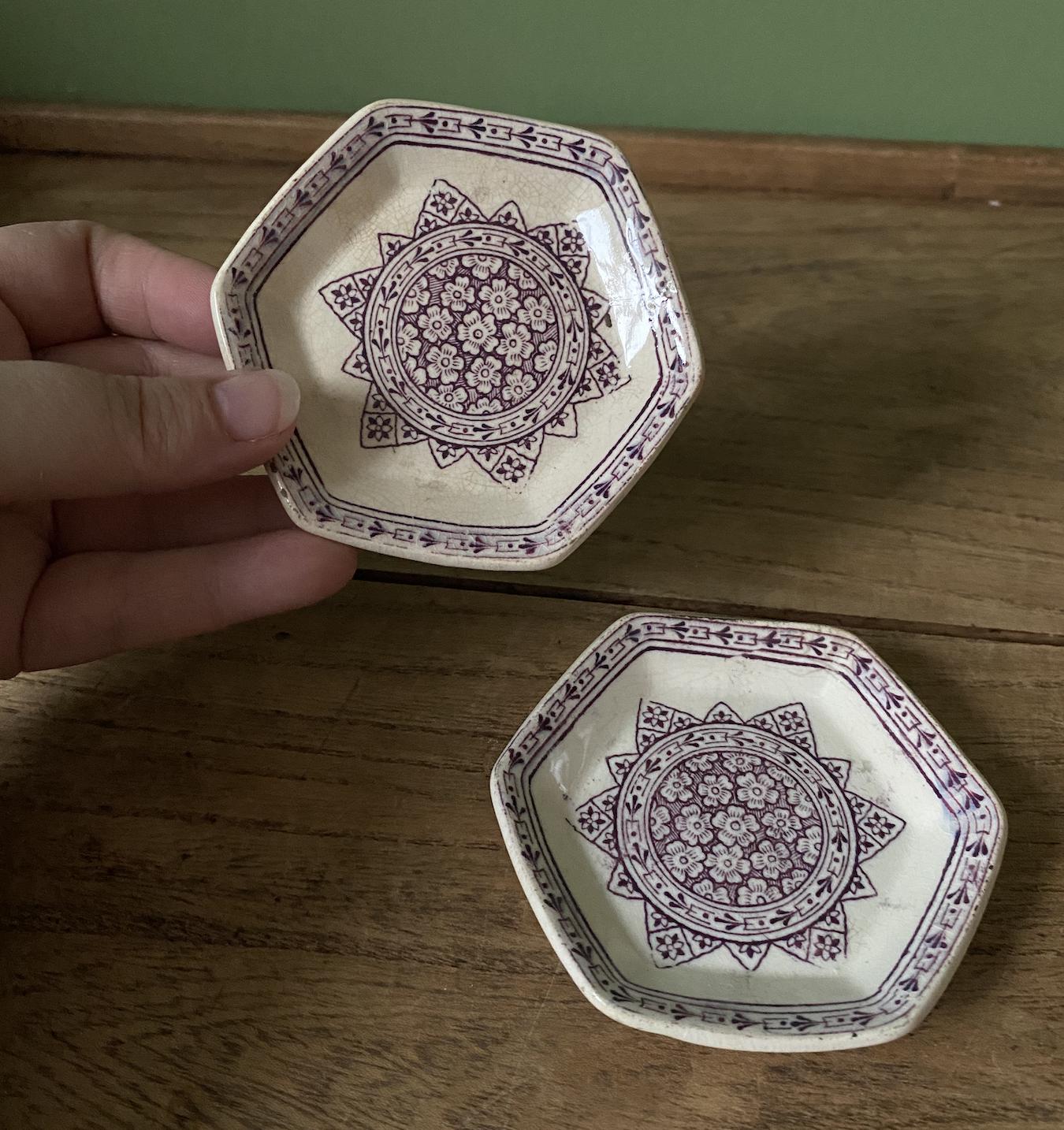 Pair of Ironstone Hexagonal Purple Design Butter Pats