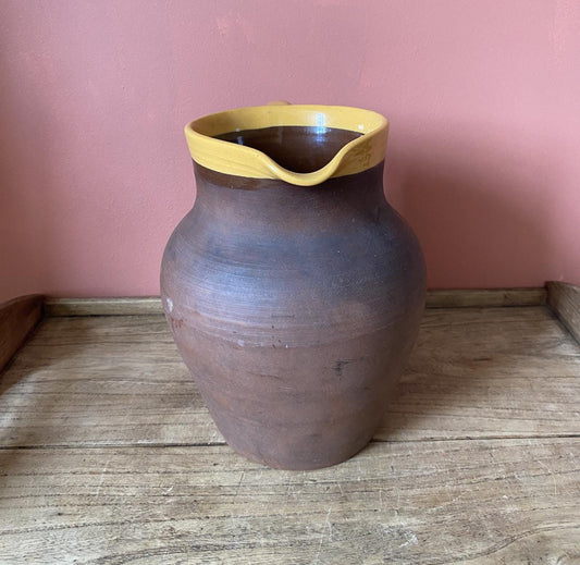 Rustic Vintage West Country Terracotta Jug | Slip Glaze Yellow Rim