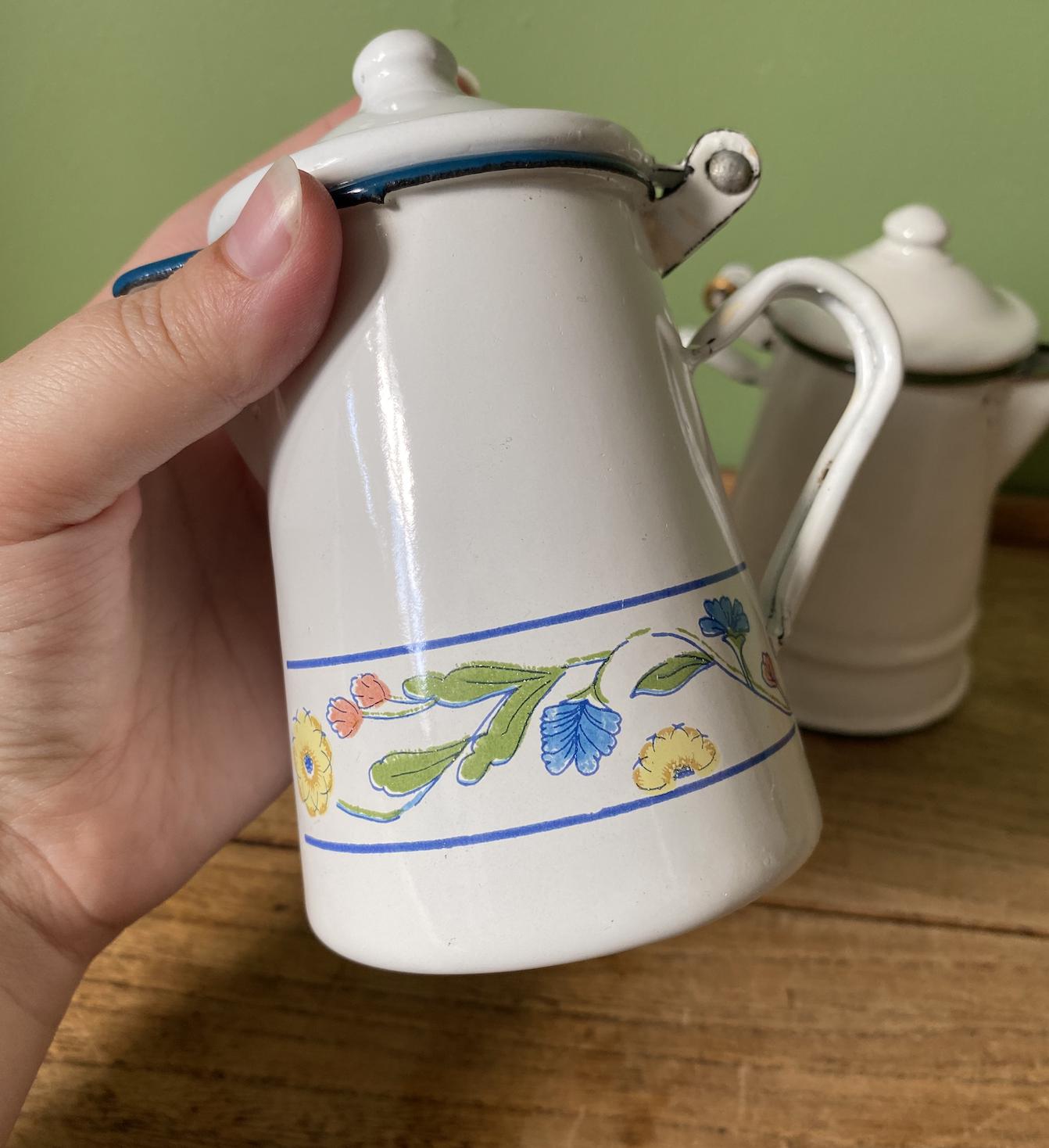 Mini White & Blue Enamel Coffee Pot