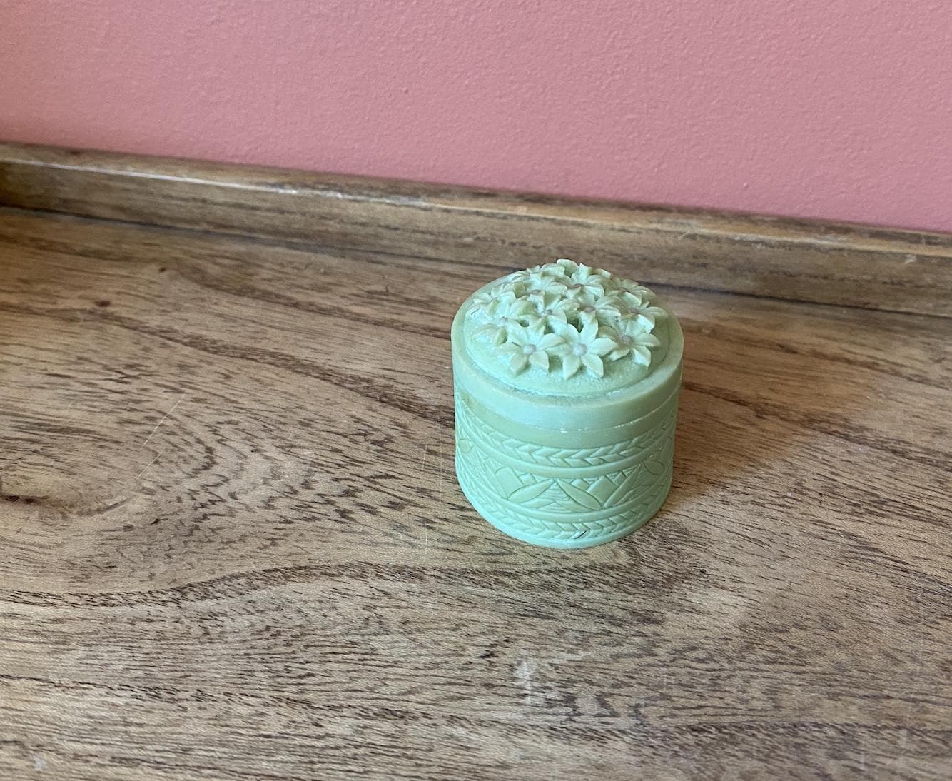 Pale Green Floral Carved Soapstone Miniature Lidded Trinket / Jewellery Box