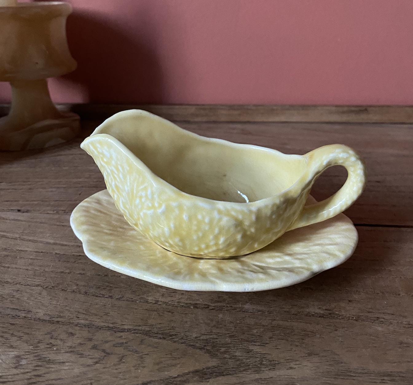 Yellow Mismatched Cabbage Leaf Sauce Boat & Saucer