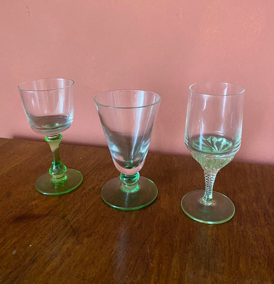 Three Mini Mis-matched Green & Clear Glass Glasses