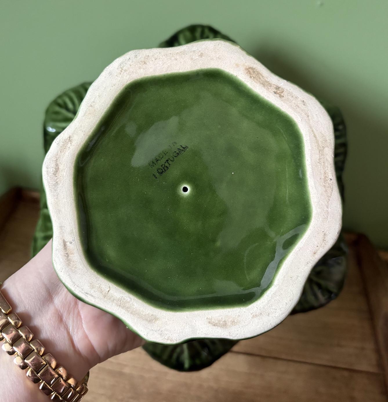 Olfaire Portuguese Majolica Strawberry Leaf Pedestal Bowl | Compote