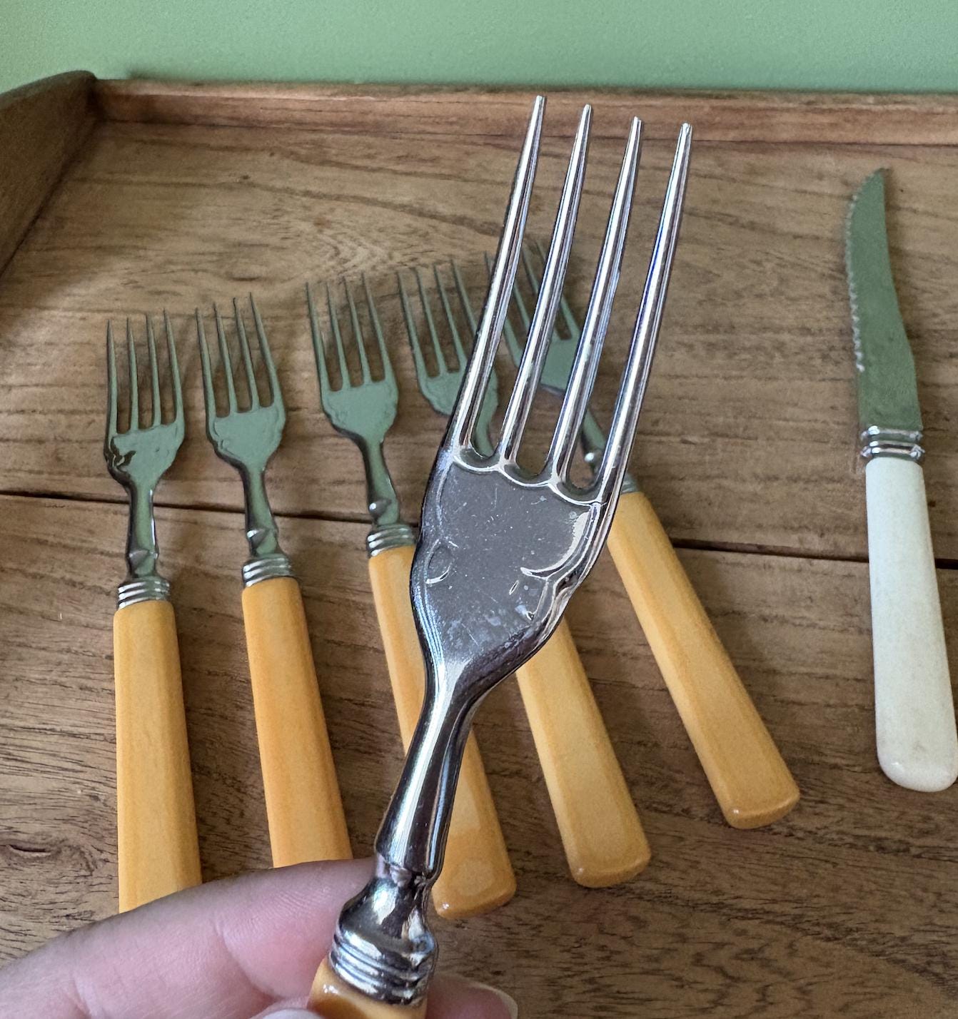 Fork Set (6) Yellow Plastic Handles - Embellished Tines