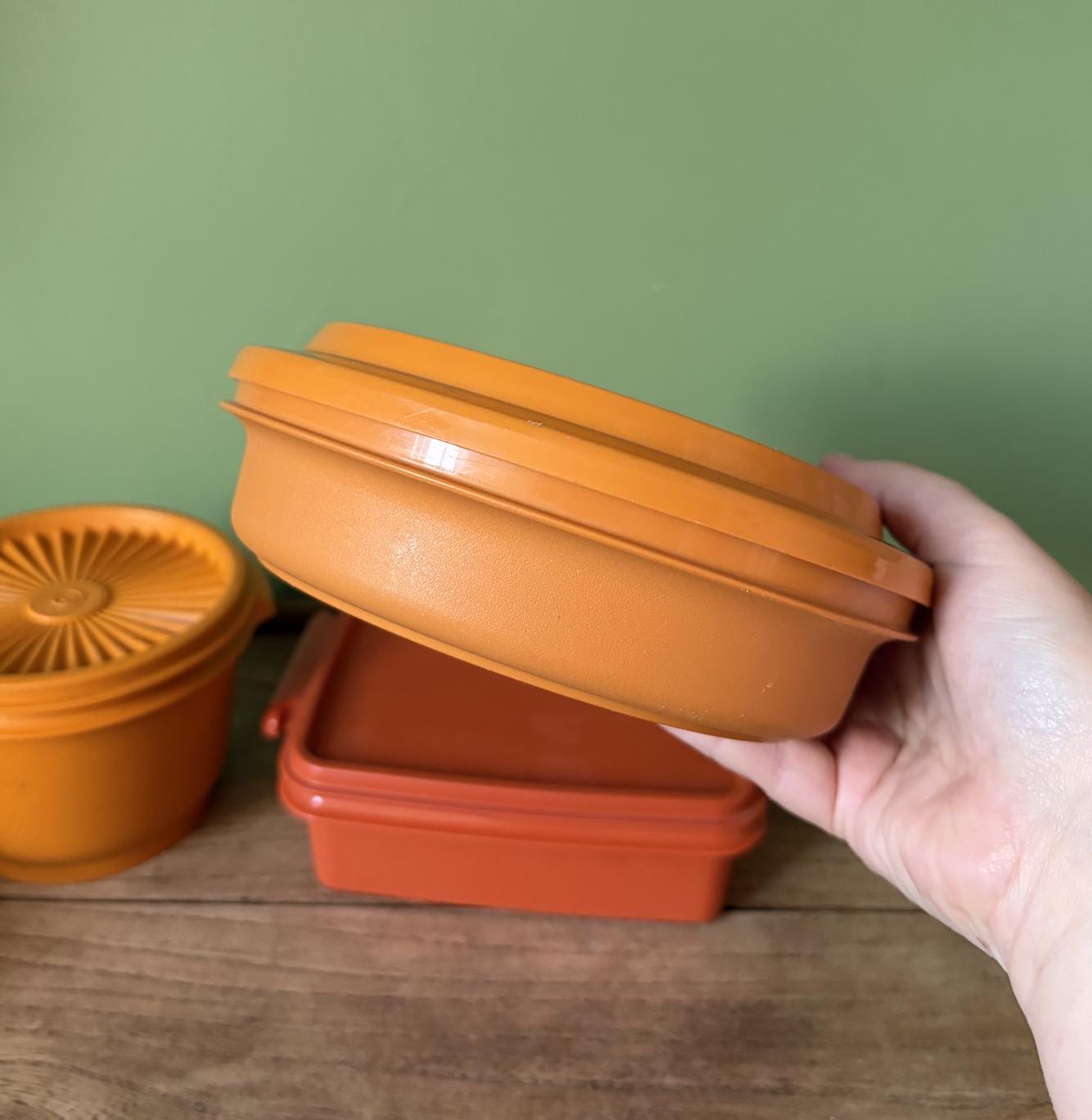 Trio of Orange Tupperware Containers - Mixed Sizes