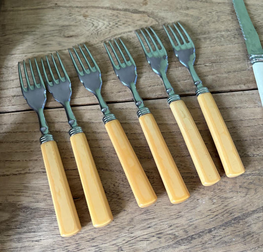 Fork Set (6) Yellow Plastic Handles - Embellished Tines