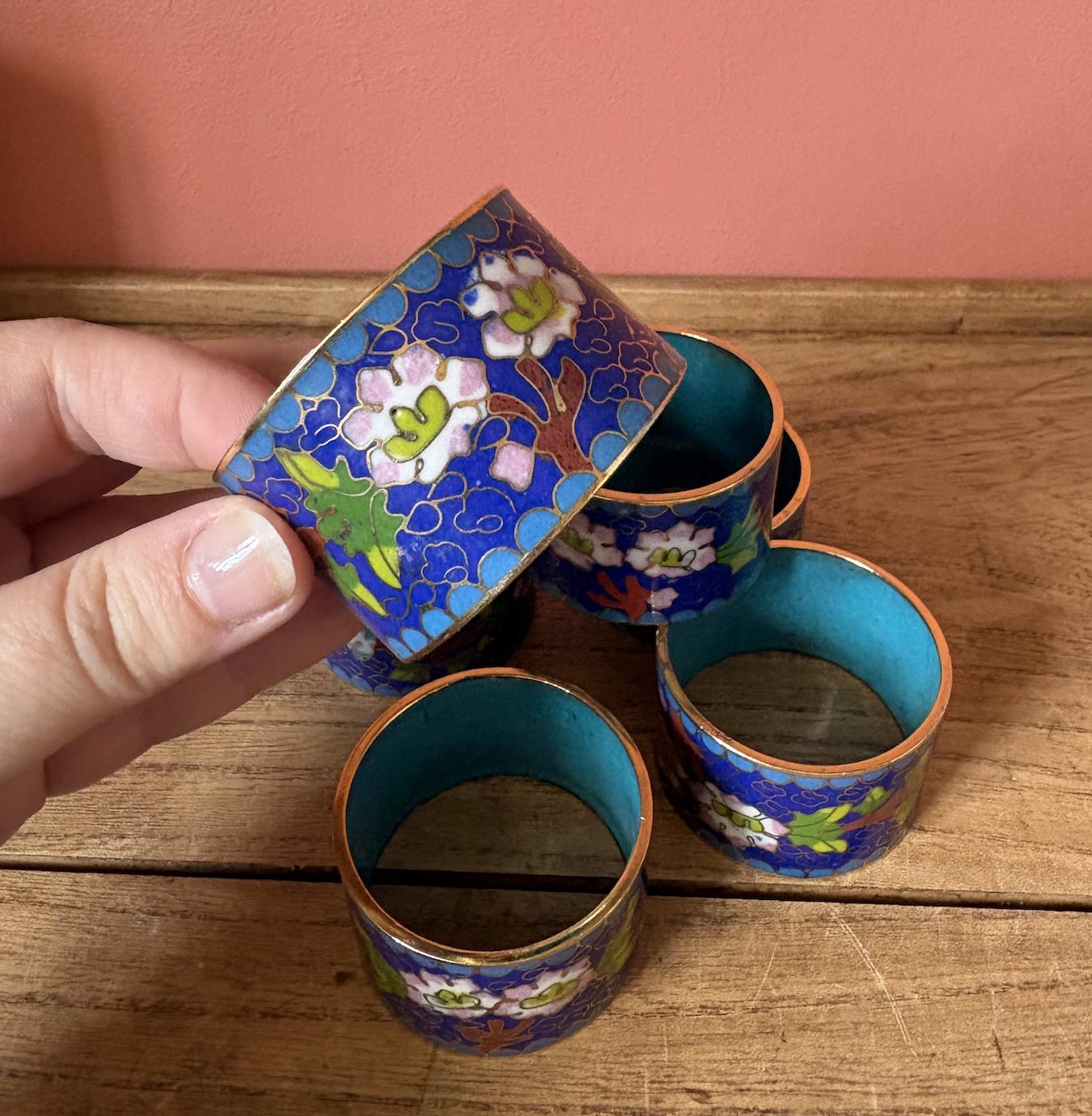 Set of 6 Enamel & Brass Cloisonne Napkin Rings
