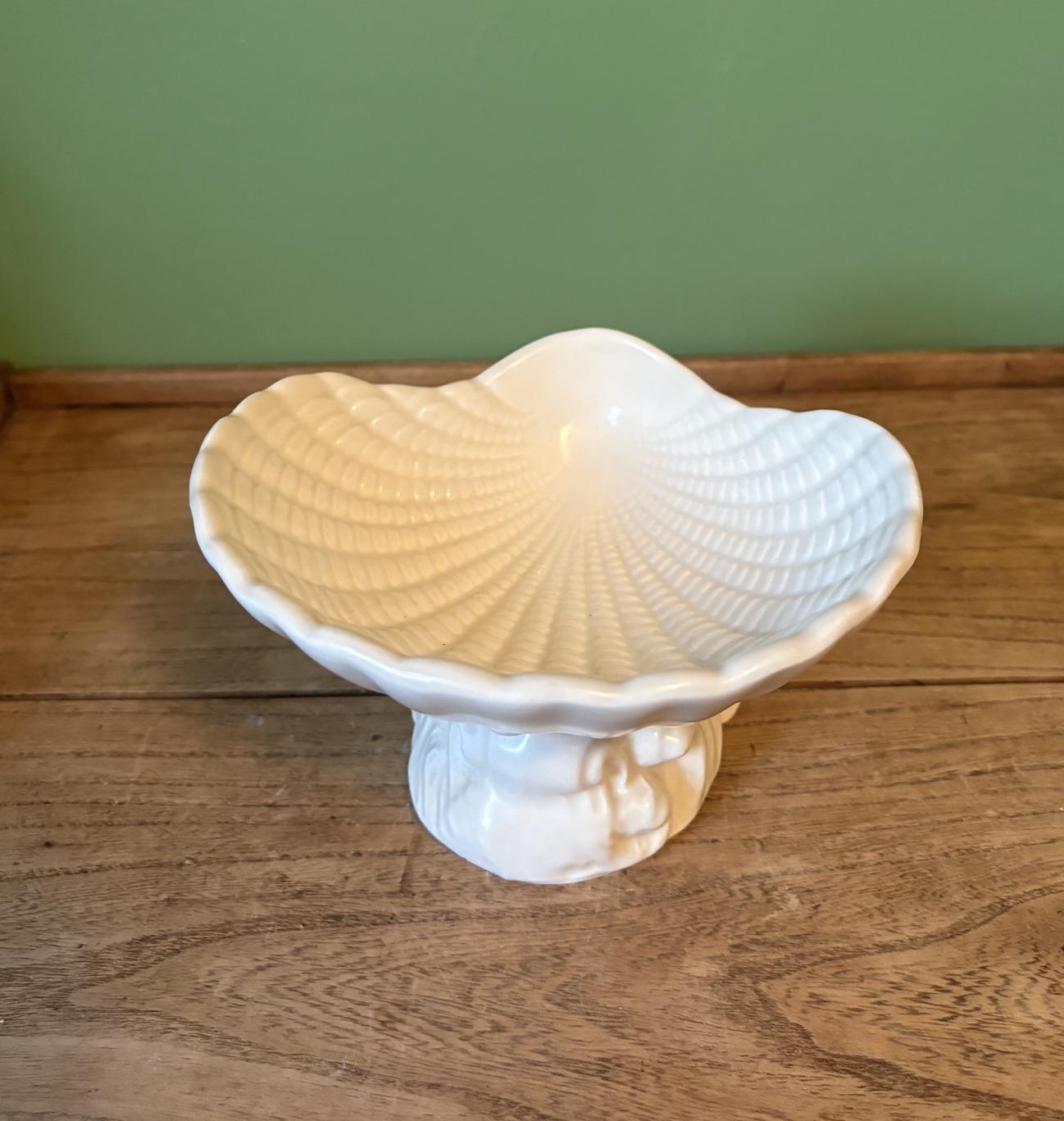Vintage Cream Shell Shaped Pedestal Dish