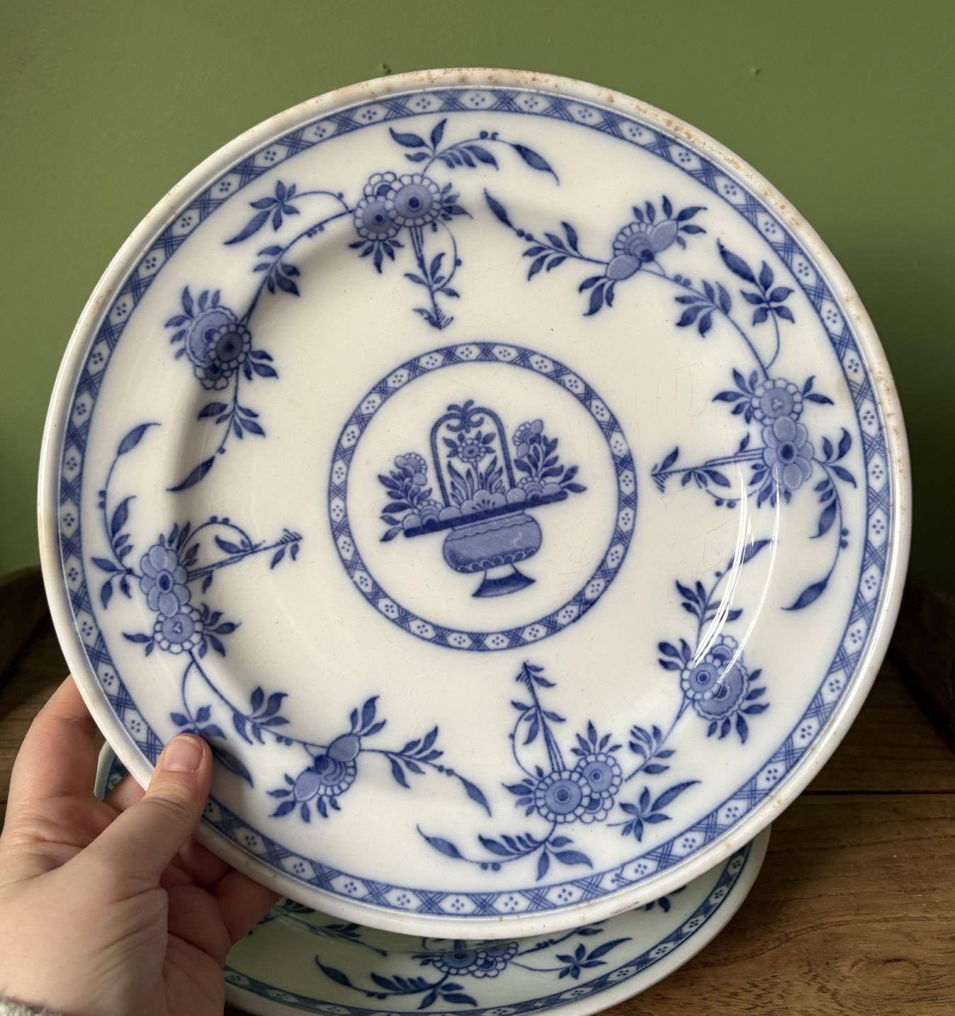 Three Large Minton Delph Blue and White Plates