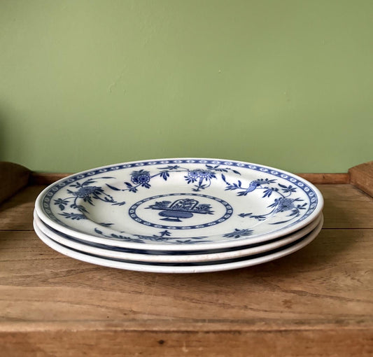 Three Large Minton Delph Blue and White Plates