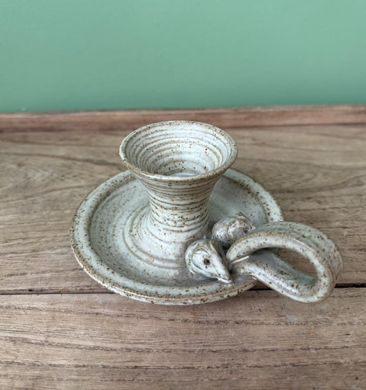 Stoneware Glazed Candle Holder | Chamber Stick Featuring Mice