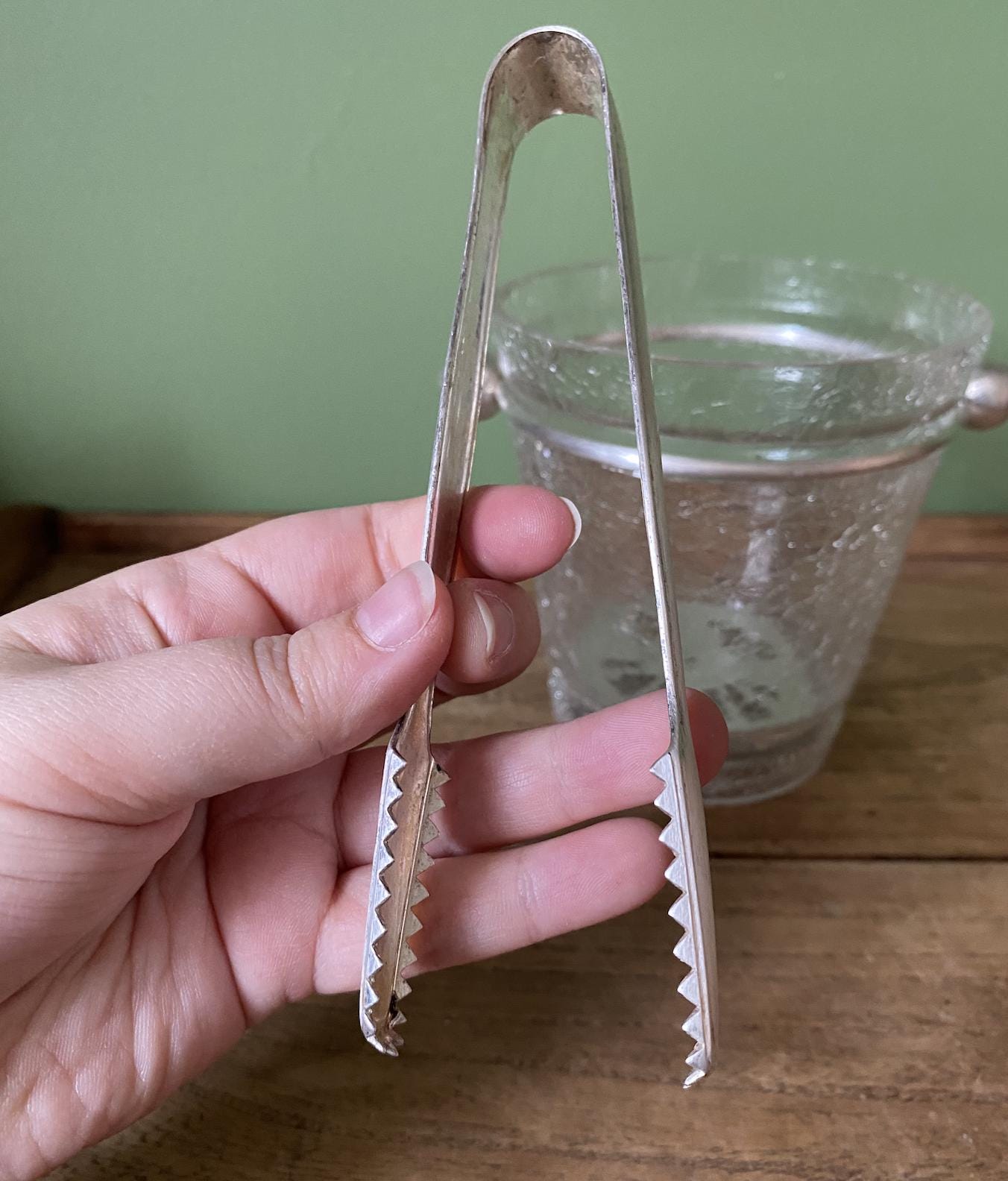Retro Crackled Glass Ice Bucket with Silver Tongs and base tray