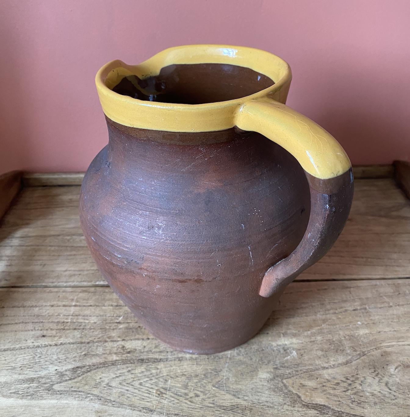 Rustic Vintage West Country Terracotta Jug | Slip Glaze Yellow Rim
