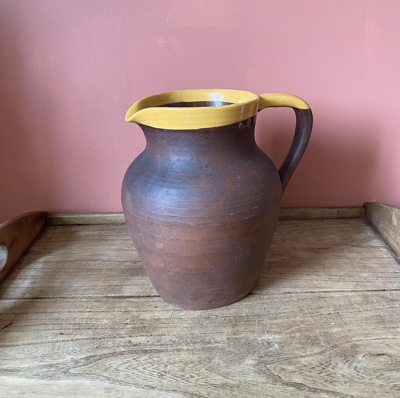 Rustic Vintage West Country Terracotta Jug | Slip Glaze Yellow Rim