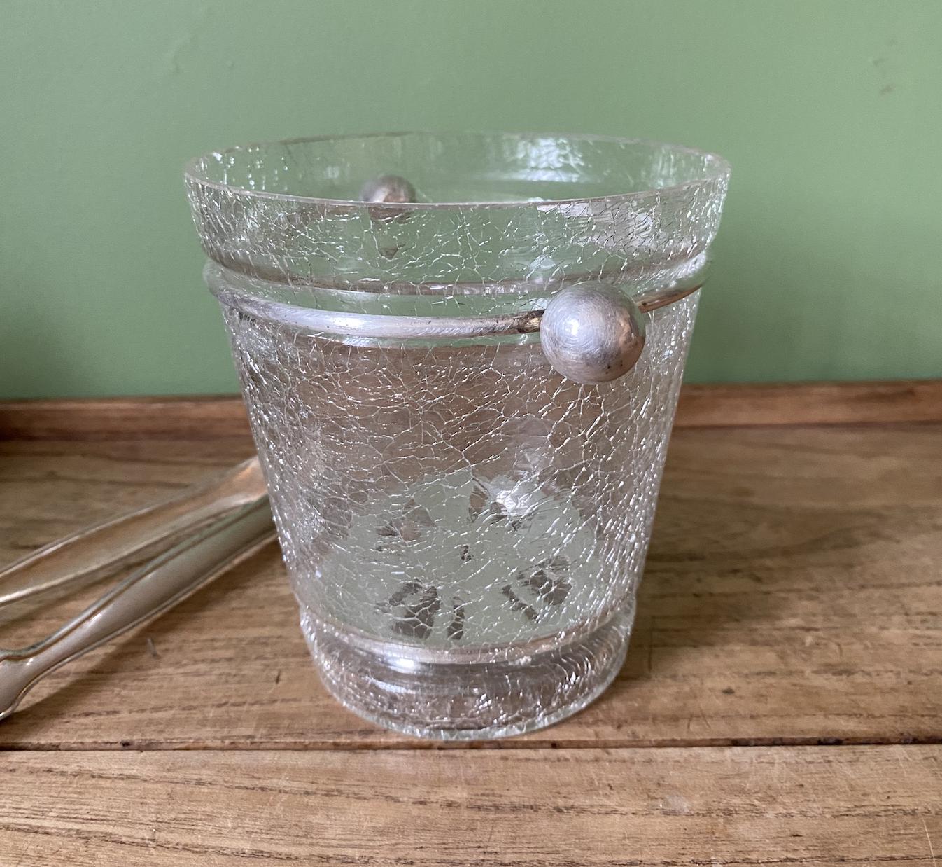 Retro Crackled Glass Ice Bucket with Silver Tongs and base tray