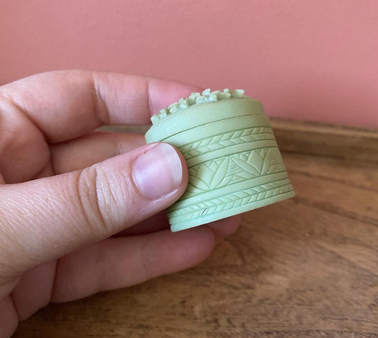 Pale Green Floral Carved Soapstone Miniature Lidded Trinket / Jewellery Box