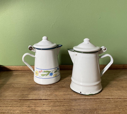 Mini White & Blue Enamel Coffee Pot