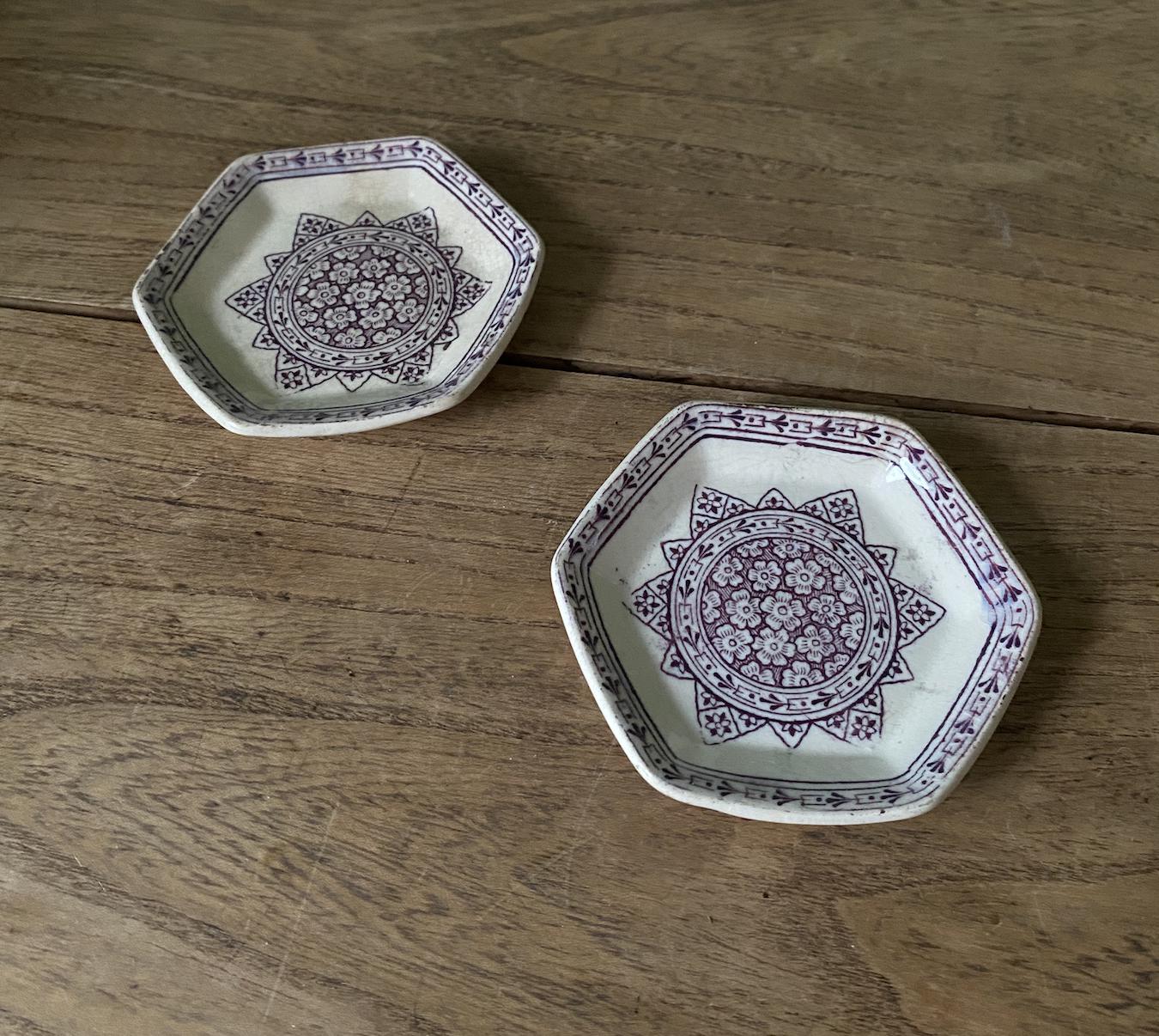 Pair of Ironstone Hexagonal Purple Design Butter Pats
