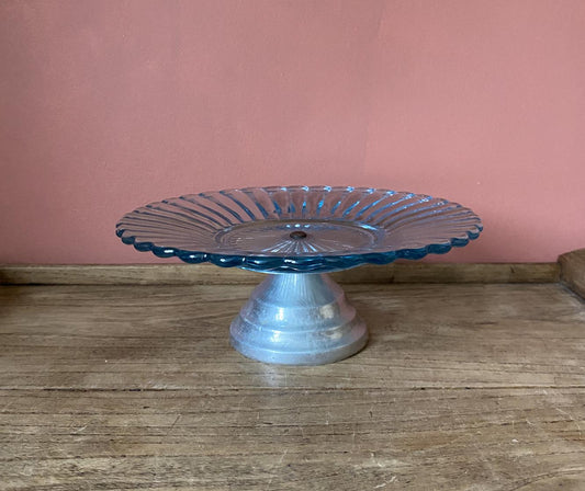 Fluted Blue Glass & Chrome Cake Stand