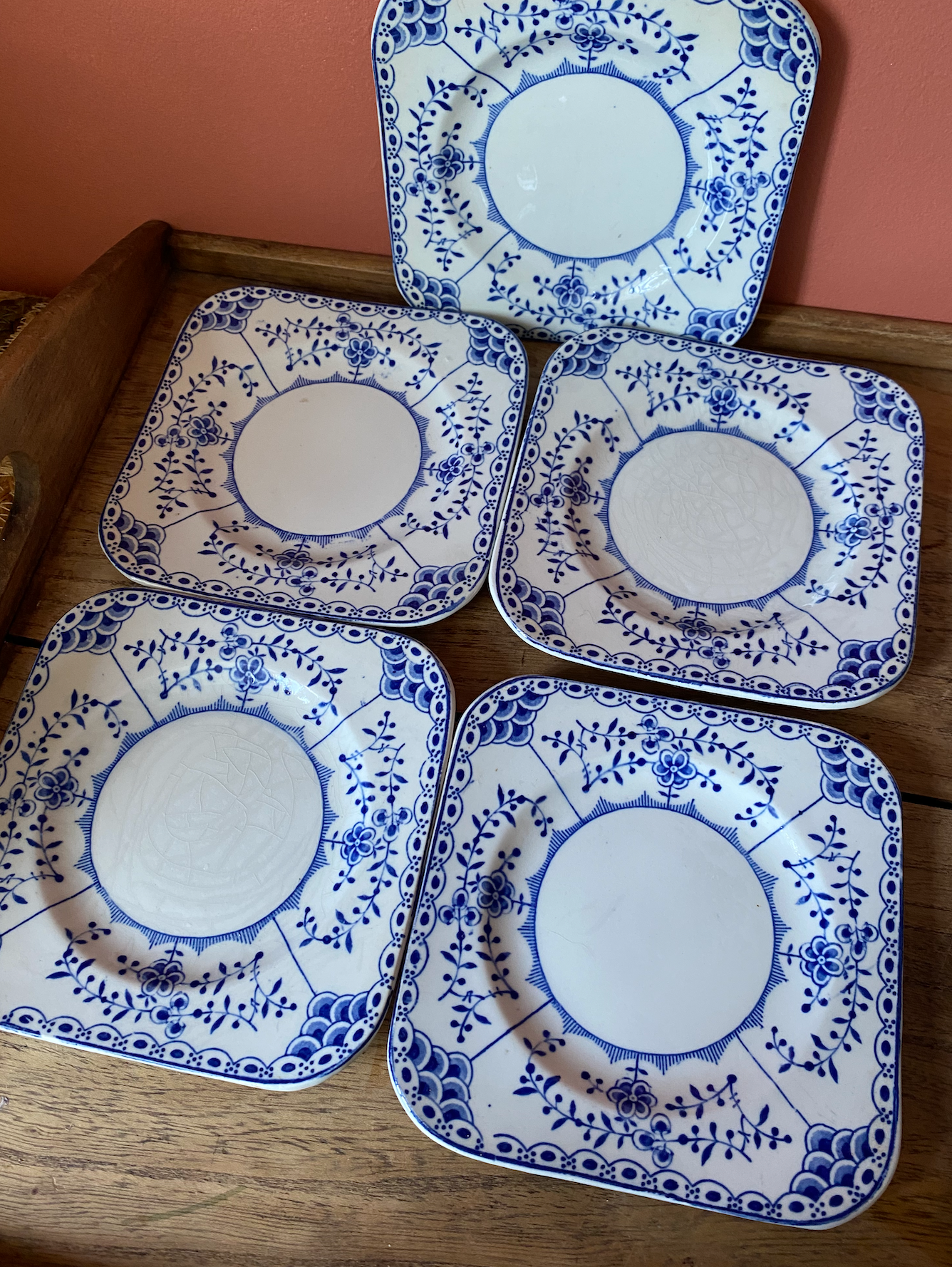 Saxon Staffordshire Blue and White Sandwich Platter - 5 Square Side Plates