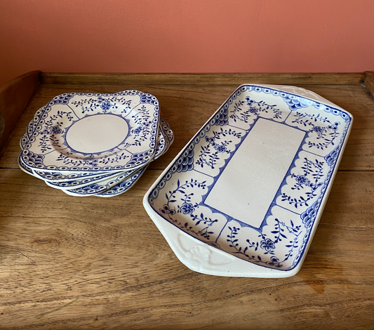 Saxon Staffordshire Blue and White Sandwich Platter - 5 Square Side Plates