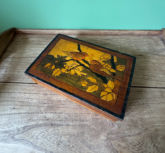 Decorative Wooden Storage Box Featuring Robins