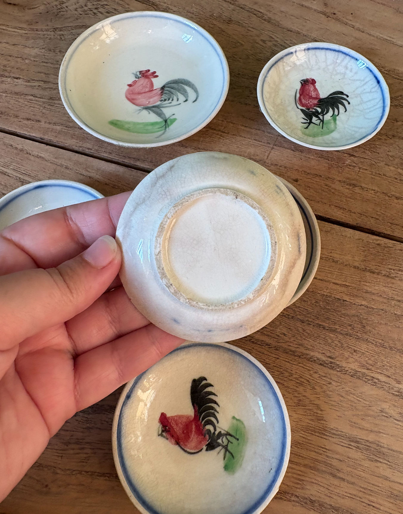 Selection of 6 Hand Painted Rooster Design Butter Pat Dishes