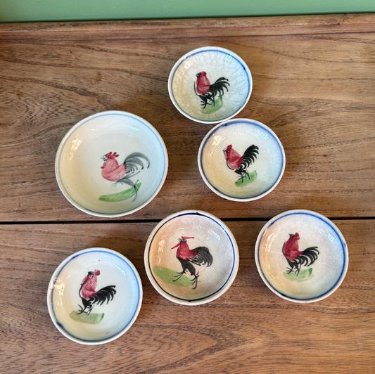 Selection of 6 Hand Painted Rooster Design Butter Pat Dishes