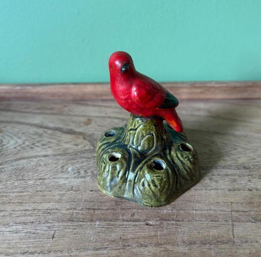 Japanese Red Bird Topped Flower Frog
