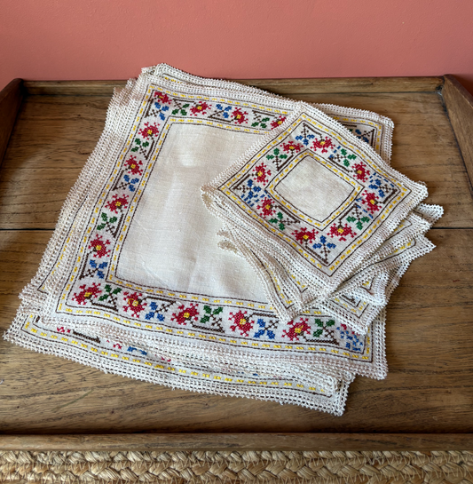 Set of 6 Embroidered Square Placemats and Matching Coasters