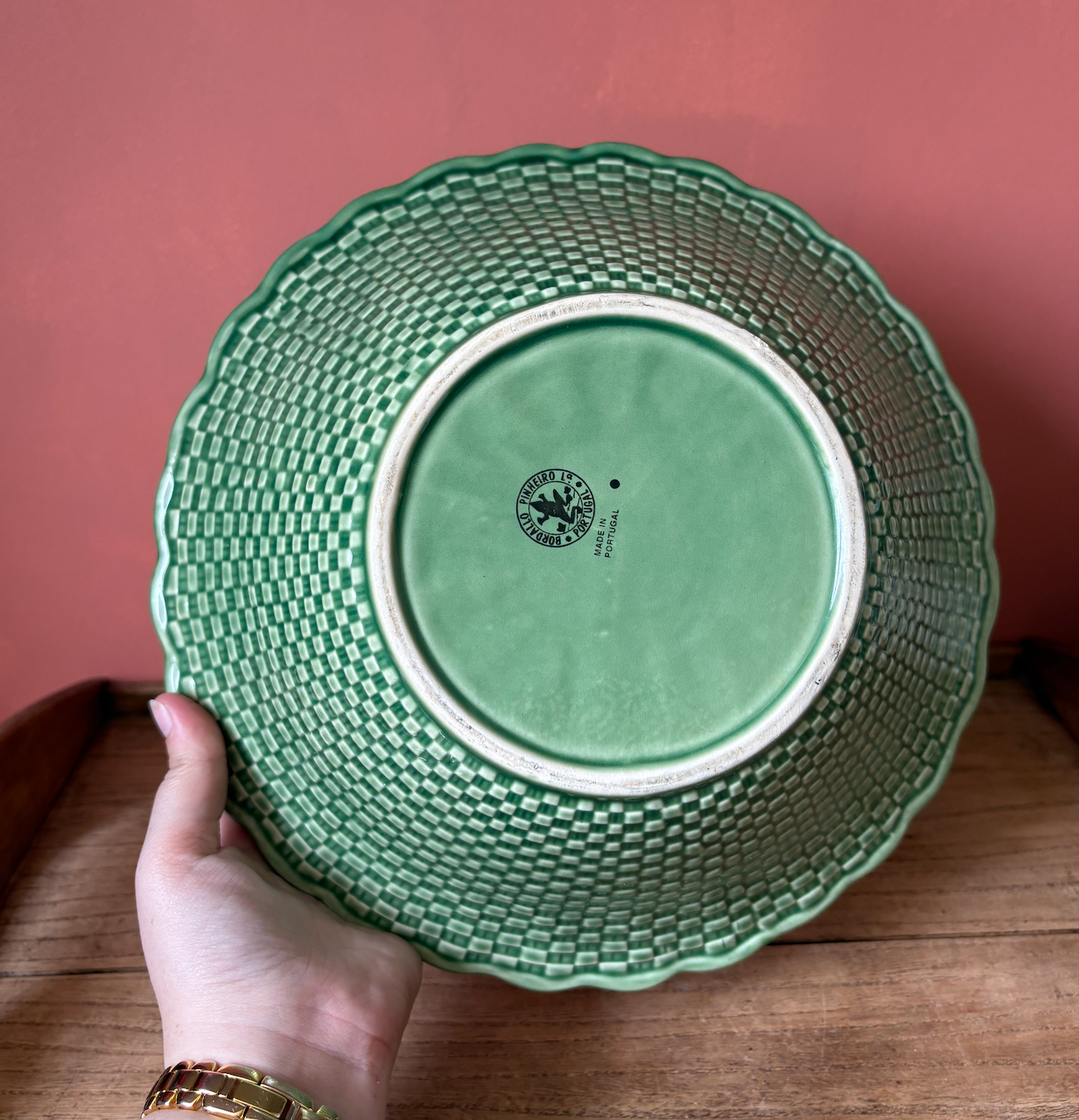 Bordallo Pinheiro Green Basket Weave Serving Bowl