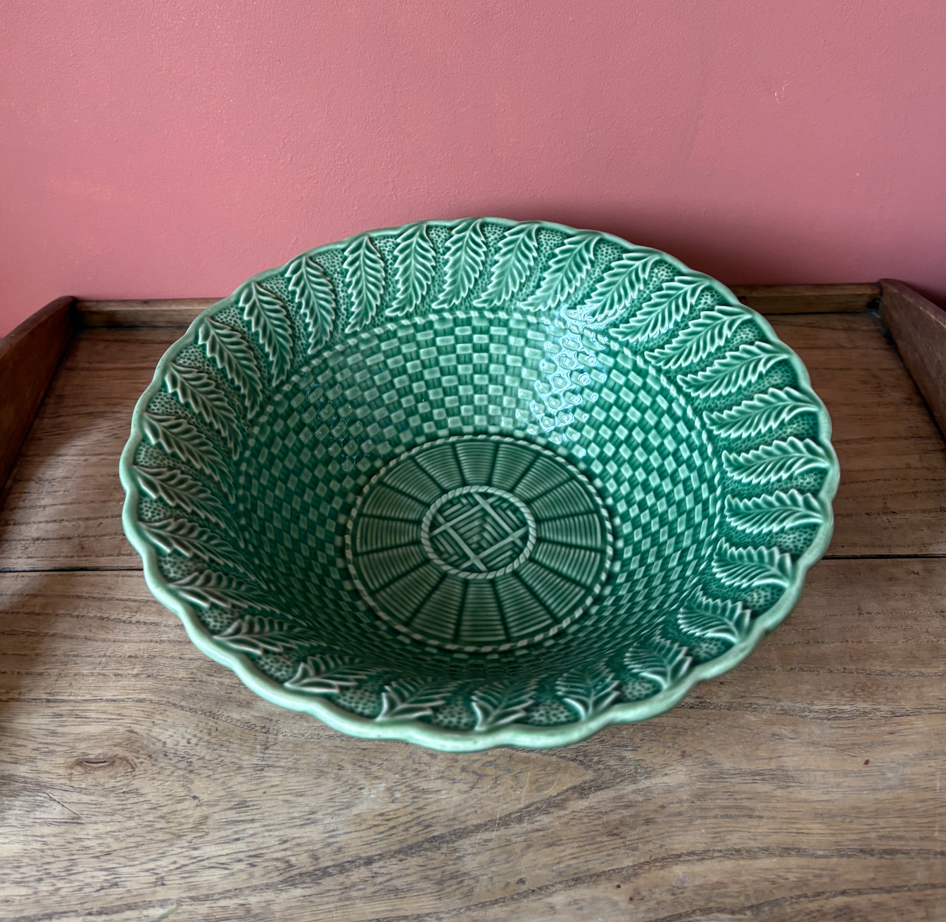 Bordallo Pinheiro Green Basket Weave Serving Bowl