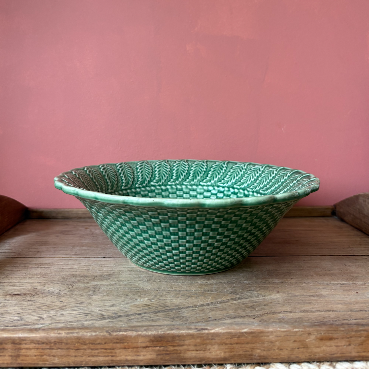 Bordallo Pinheiro Green Basket Weave Serving Bowl
