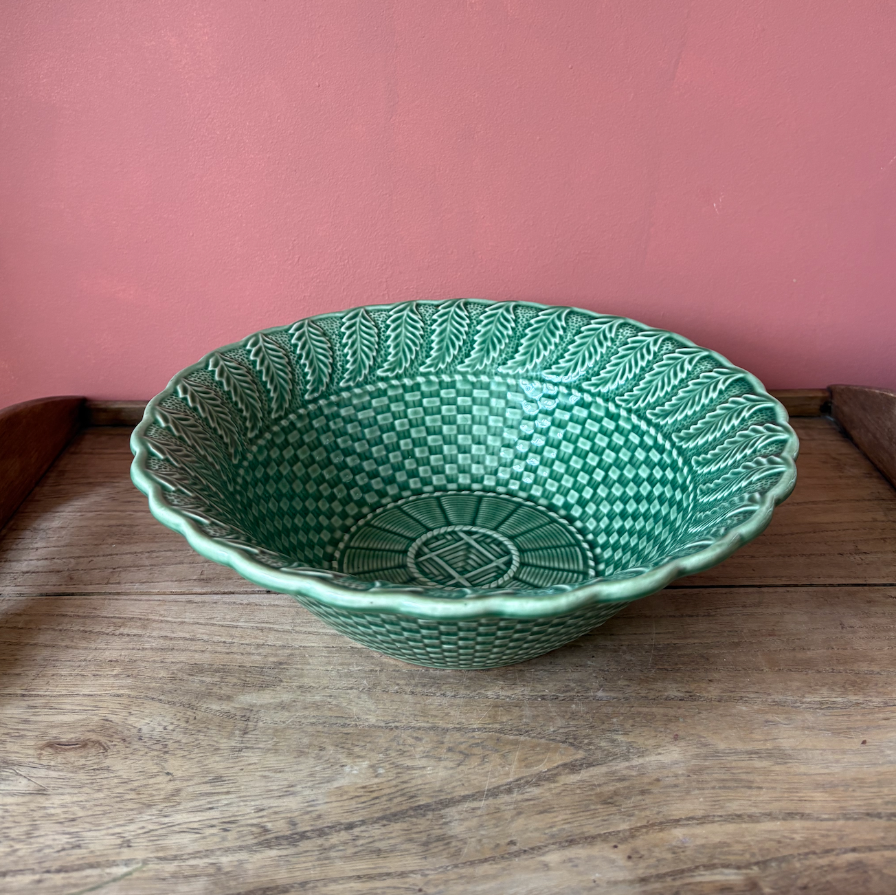 Bordallo Pinheiro Green Basket Weave Serving Bowl