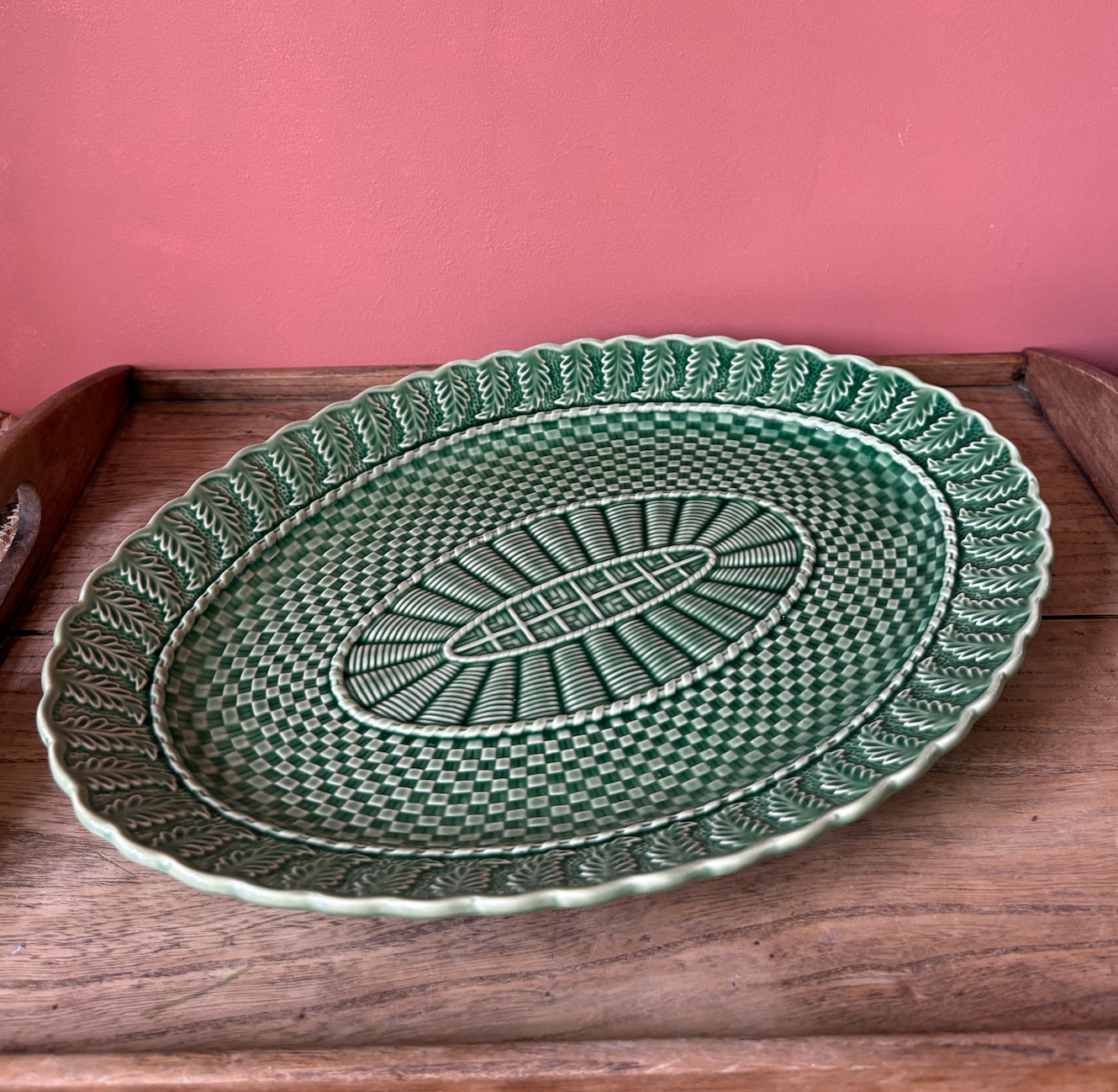 Bordallo Pinheiro Green Basket Weave Oval Serving Platter