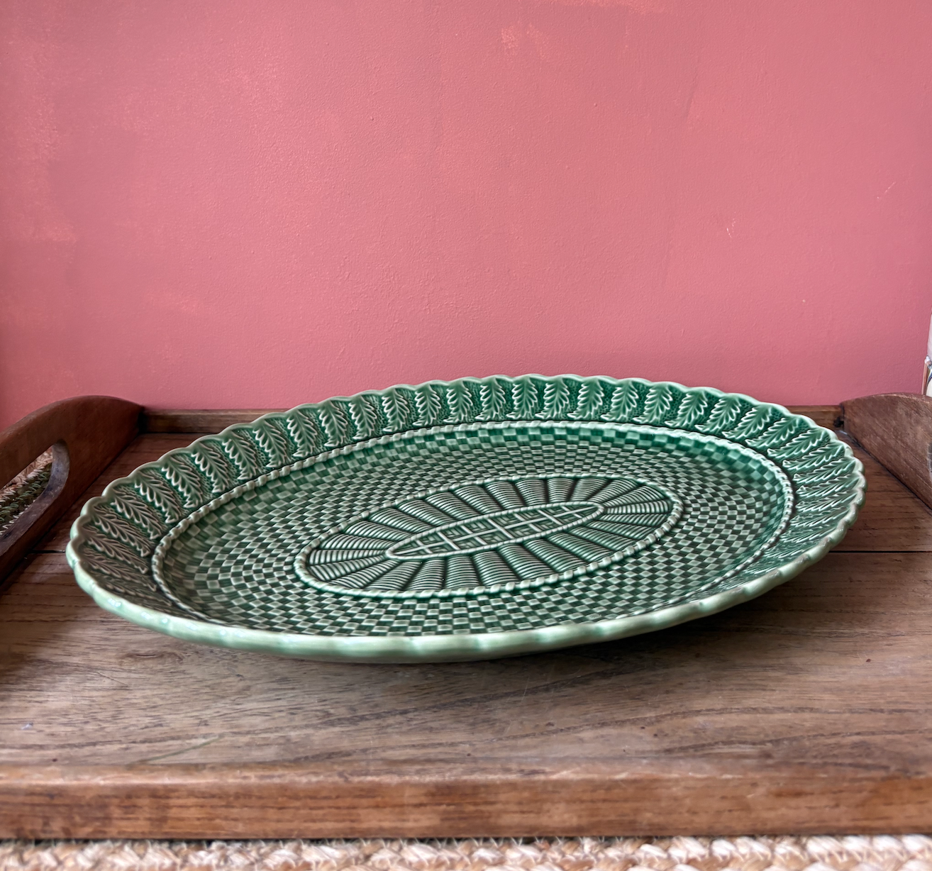 Bordallo Pinheiro Green Basket Weave Oval Serving Platter
