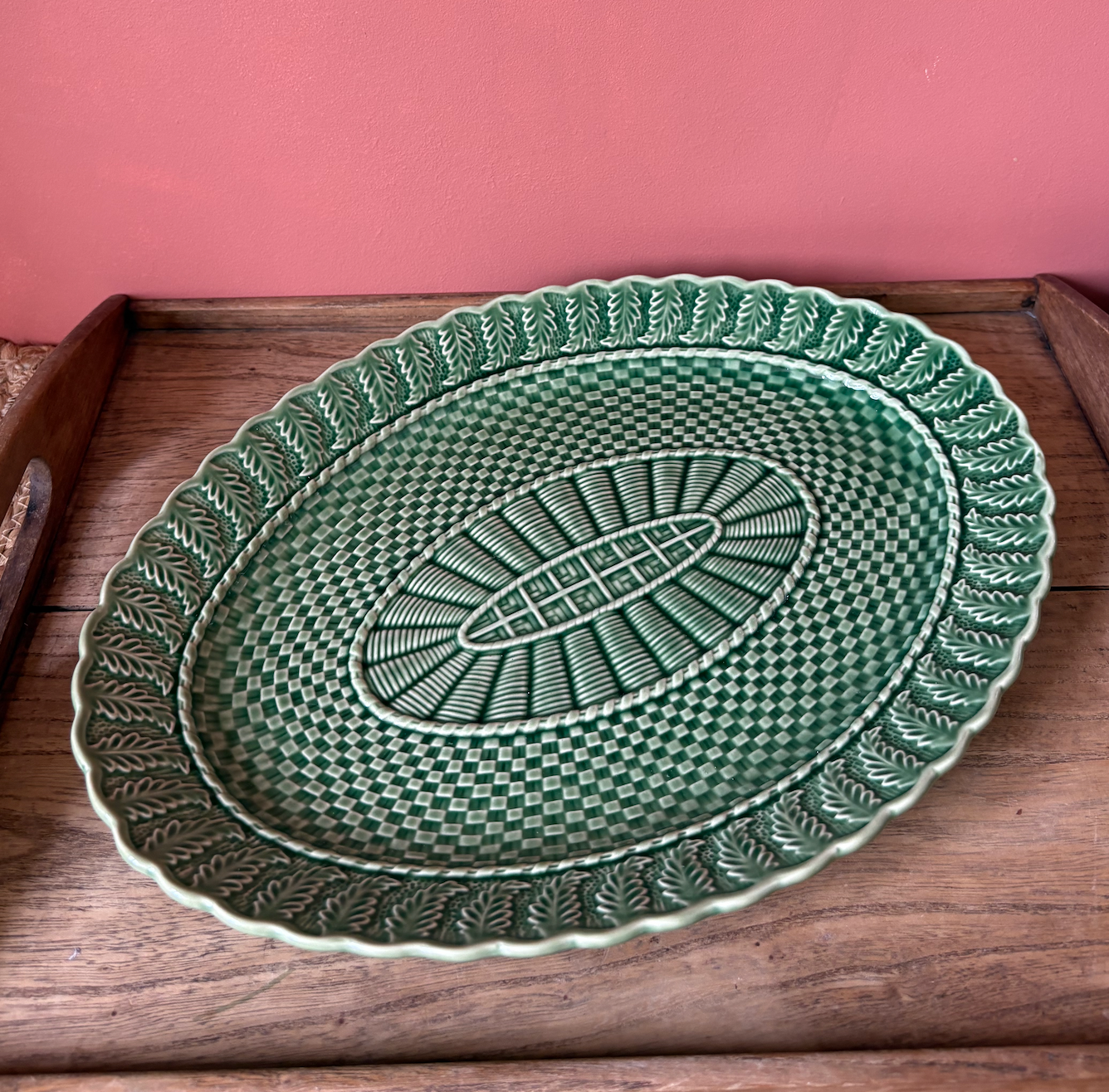 Bordallo Pinheiro Green Basket Weave Oval Serving Platter