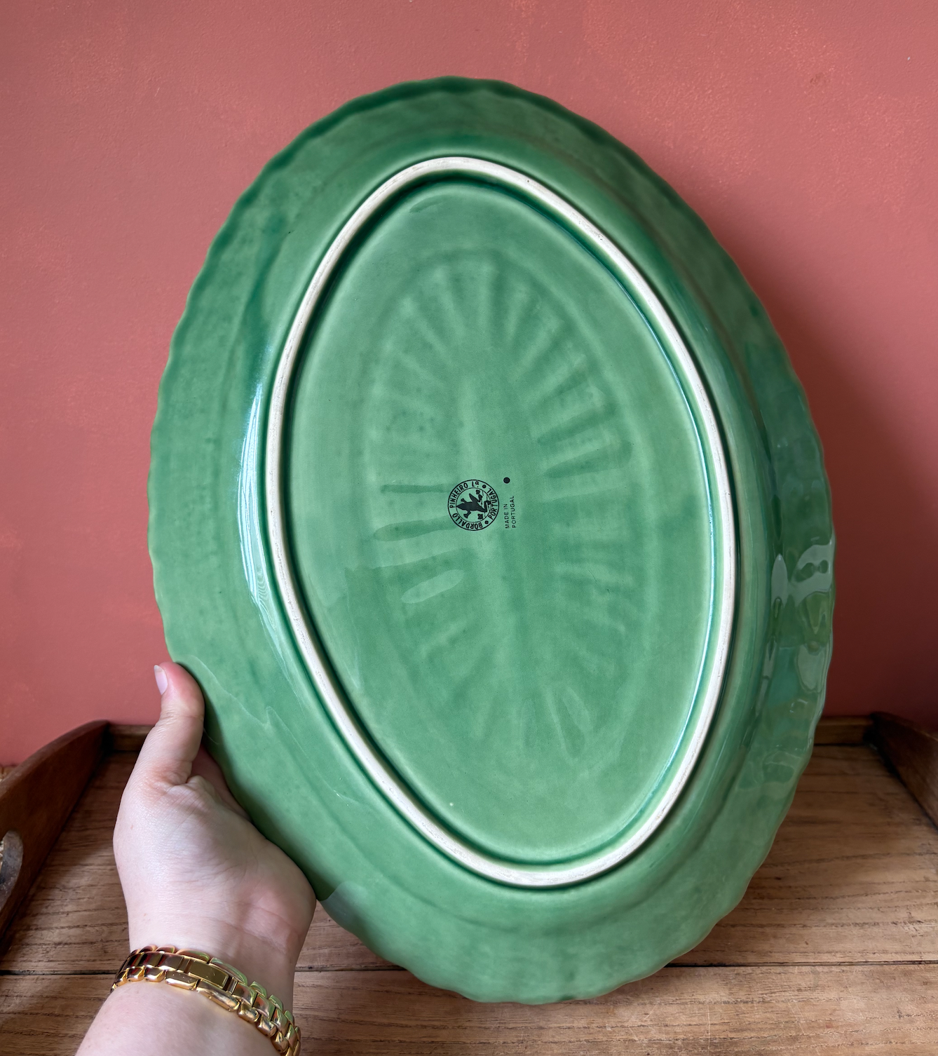 Bordallo Pinheiro Green Basket Weave Oval Serving Platter