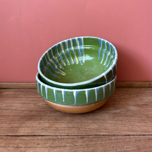 Pair of Green Romanian Slipware Medium Bowls