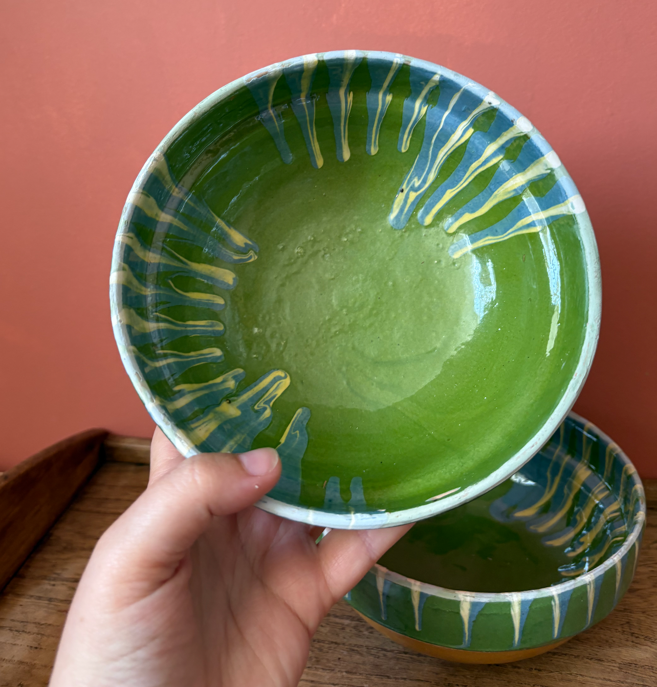 Pair of Green Romanian Slipware Medium Bowls