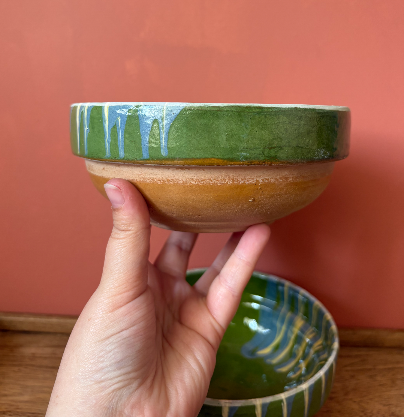 Pair of Green Romanian Slipware Medium Bowls