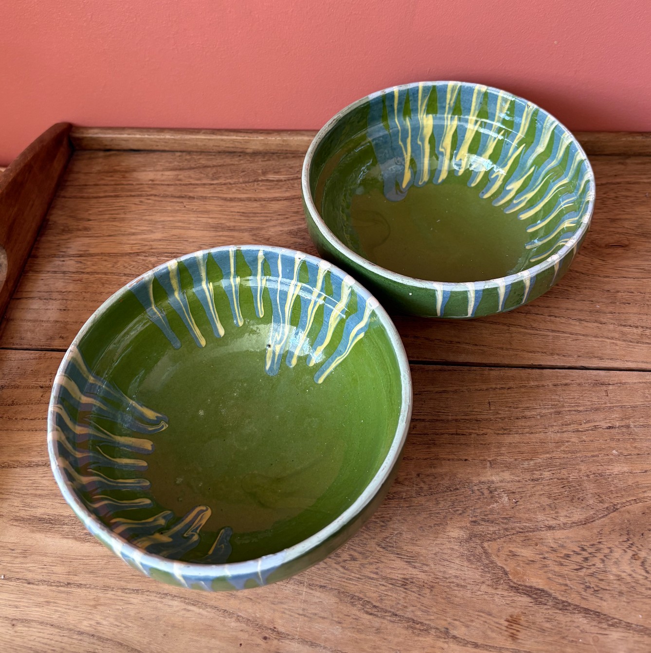 Pair of Green Romanian Slipware Medium Bowls