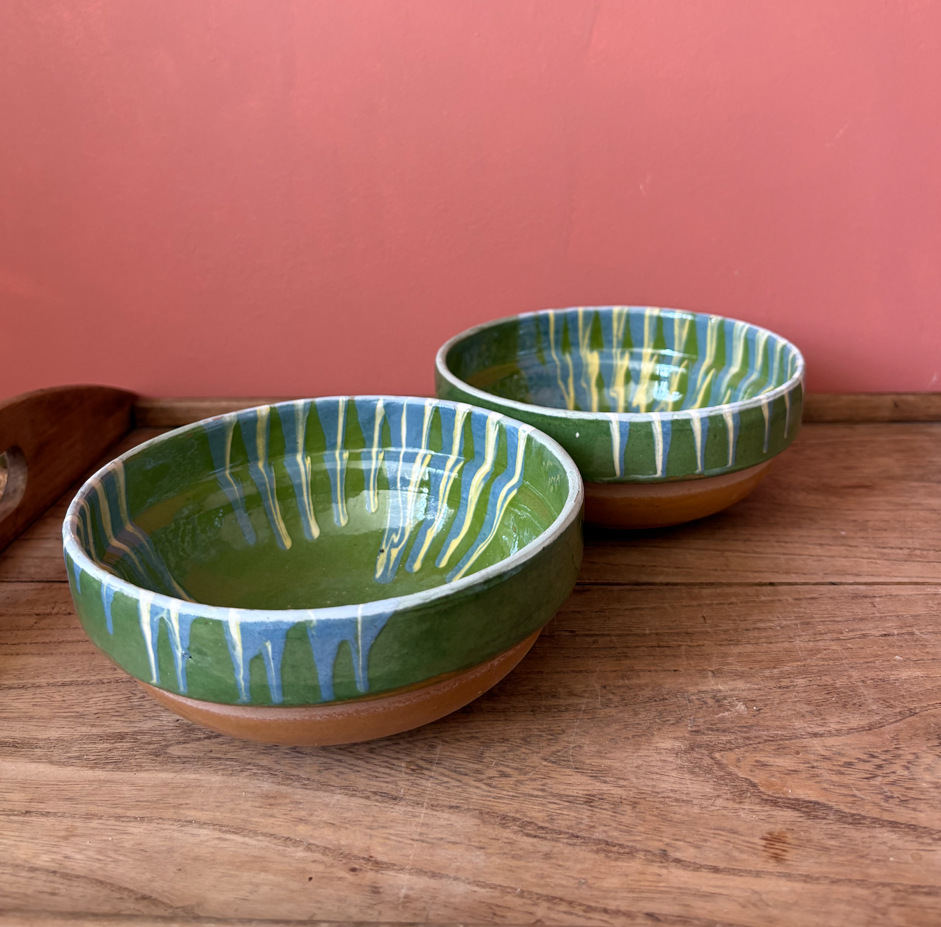 Pair of Green Romanian Slipware Medium Bowls